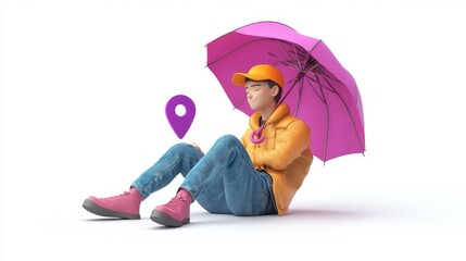 Poster - A 3D character sits under a pink umbrella, symbolizing comfort and location awareness.