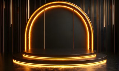Poster - A luxurious dark gold podium with subtle lighting effects that highlight the 3D shape of the product