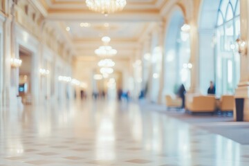 Poster - A blurred interior of a spacious hallway with elegant lighting and seating areas.