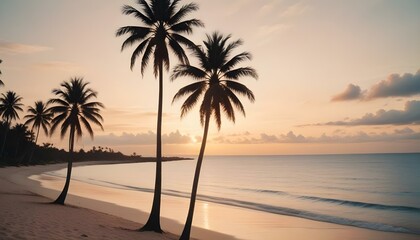 Una escena de playa tropical con palmeras, un océano en calma y un cielo al atardecer. Las palmeras tienen un tono dorado cálido y el océano es de un color azul sereno. El fondo muestra un horizonte l