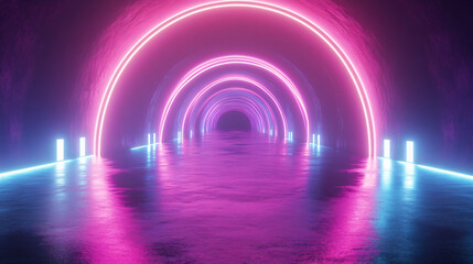 Aufkleber - Futuristic tunnel with vibrant pink and blue neon lights creating a colorful corridor with a wet floor