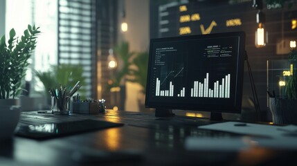 Poster - A modern workspace featuring a monitor displaying data analytics among greenery.