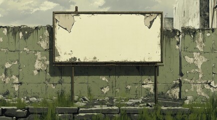 Poster - A weathered billboard stands against a crumbling wall, surrounded by overgrown grass and rubble.