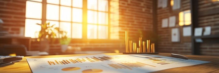 Poster - A desk with reports and data visualizations illuminated by sunlight.