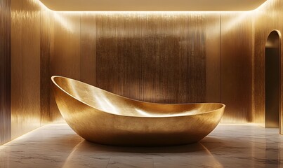 Poster - A sculptural gold podium with sophisticated lighting that accentuates its 3D shape and creates a refined