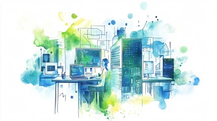 Watercolor Tech Hub: A Programmer's Sanctuary Amidst Data Streams and Code Cascades
