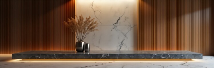 Poster - Empty modern hall interior features marble floor wooden wall paneling, marble reception counter. Light illuminates room. Minimalist design pampers elegance. Stylish home hotel lobby. Bright spacious