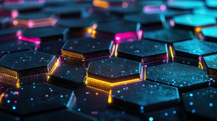 Poster - Neon lights forming a glowing hexagon pattern with radiant edges and a dark gradient background for a modern look