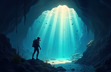 Aufkleber - Diver explores underwater cave. Sunlight enters ocean cave. Marine life visible. Aquatica adventure. Scuba diver in blue water. Ocean depth exploration. Serenity. Calmness. Underwater photo.