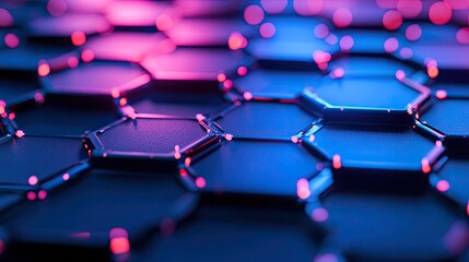 Poster - Vibrant neon hexagonal shapes glowing in electric blue and pink, radiating energy against a smooth, dark gradient