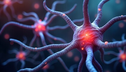 Poster - Microscopic neuron cells network. Brain central nervous system. Human biology. Neural network connection. Healthcare medicine. Science research. 3D nerve cell. Digital health tech.