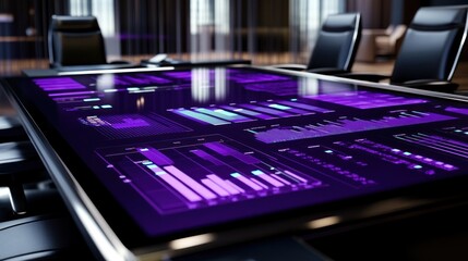 Leinwandbilder - A modern conference table displaying data analytics in vibrant purple tones.