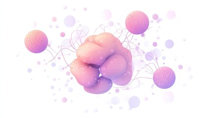 Poster - Abstract illustration of cells with bubbles and strands, representing biological processes.