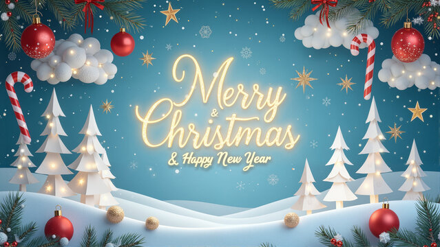 Enchanting Winter Wonderland with Christmas Trees, Candy Canes, Ornaments, Snowy Clouds, and Festive Greetings for a Magical Holiday