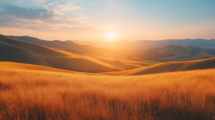 Sticker - Golden sunset over rolling hills and tall grass.