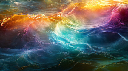 Poster - Vibrant ocean waves flowing and creating a mesmerizing abstract pattern with rainbow colors
