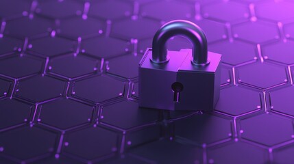 Poster - A metallic padlock on a hexagonal patterned surface, illuminated with purple lighting.