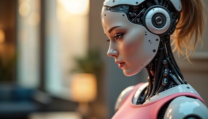 Fototapete - AI humanoid robot woman. Female android has blonde hair. Close-up portrait. Modern tech. AI beauty. Artificial intelligence. Future tech. Realistic robot.