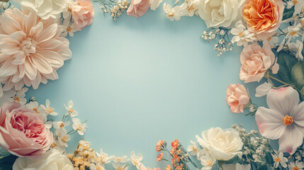 Fototapete - Pastel-colored flowers forming a border on a light blue background, providing space for text or design