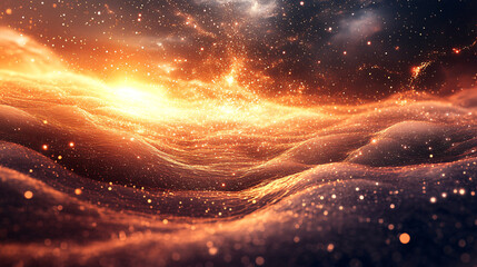 Poster - Shimmering gold particles forming an abstract hill scene under a starry cosmic sky