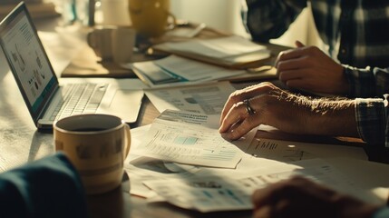Poster - A workspace with documents, a laptop, and coffee, suggesting collaboration or analysis.