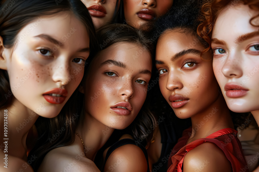 Group of women with different skin tones are posing for a photo. Scene ...
