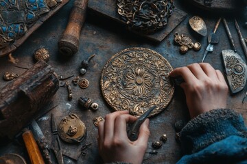 Aufkleber - A craftsman meticulously working on ornate metal pieces surrounded by tools and decorative items.