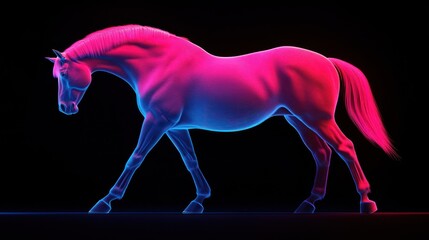 Poster - A stylized, neon-lit horse walking against a dark background, showcasing digital art.