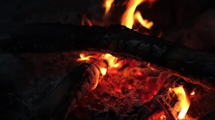 Poster - A vibrant campfire burns brightly, casting warm light around stones and wooden logs in a tranquil outdoor environment at night.