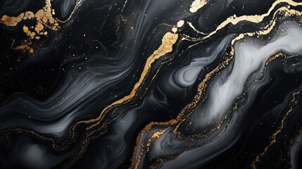 Abstract fluid art marble flowing pattern with modern black, white and gold metallic gradient color background