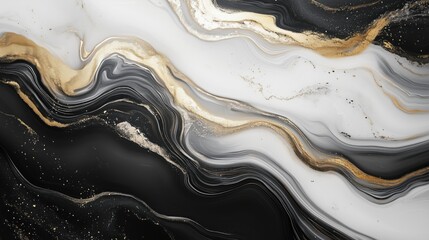 Abstract fluid art marble flowing pattern with modern black, white and gold metallic gradient color background