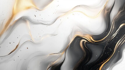 Abstract fluid art marble flowing pattern with modern black, white and gold metallic gradient color background