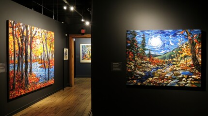 Poster - A vibrant art gallery featuring colorful landscape paintings on display.