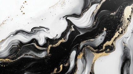 Abstract fluid art marble flowing pattern with modern black, white and gold metallic gradient color background