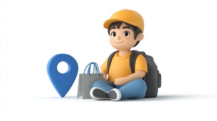 Poster - A cheerful cartoon boy with a backpack and shopping bag, next to a location pin icon.