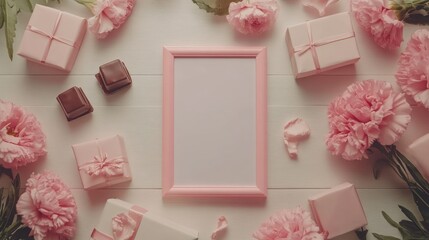 Poster - A pink-themed flat lay with gifts, chocolates, and flowers, perfect for celebrations.