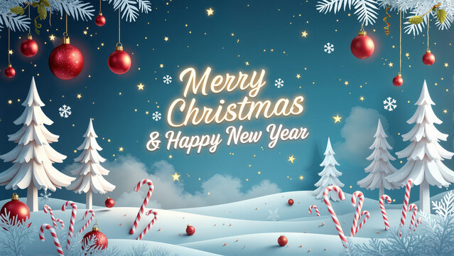 Enchanting Winter Wonderland with Christmas Trees, Candy Canes, Ornaments, Snowy Clouds, and Festive Greetings for a Magical Holiday
