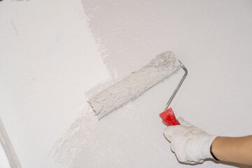 Poster - A woman manually paints a wall with a paint roller. Painting the apartment