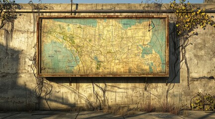 Poster - A vintage map displayed on a weathered wall, surrounded by creeping vines.