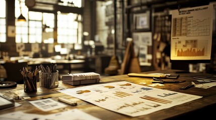 Poster - A workspace filled with charts and documents, emphasizing data analysis and productivity.