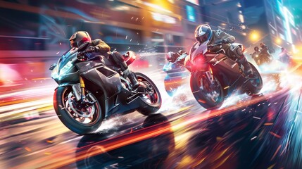 Sticker - Dynamic scene of cyberpunk drift bikes racing through a futuristic urban landscape