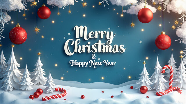 Enchanting Winter Wonderland with Christmas Trees, Candy Canes, Ornaments, Snowy Clouds, and Festive Greetings for a Magical Holiday