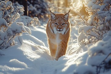 Wall Mural - lynx silently prowls through a serene, snow-covered forest, its sharp gaze fixed on unseen prey. soft, diffused winter light filters through snow-laden branches