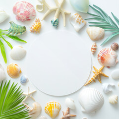 Wall Mural - Decorative arrangement of seashells and tropical leaves on a white background