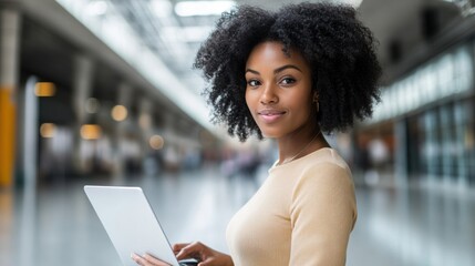 Poster - A young woman with curly hair using a laptop in a spacious indoor setting.