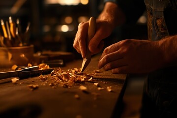 Aufkleber - A craftsman carves wood, creating shavings on a workbench in a warm workshop.