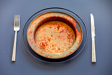 Empty plate top view with metal cutlery next to it