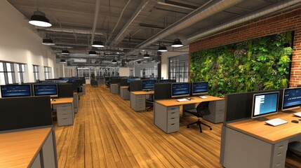 Aufkleber - Modern office space with desks, computers, and a green wall for a collaborative environment.