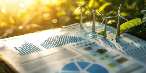 Poster - A close-up of a financial report showing the economic impact of technological advancements in sustainable energy and carbon footprint reduction.