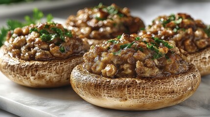 Wall Mural - Delicious stuffed mushrooms garnished with fresh herbs on marble surface